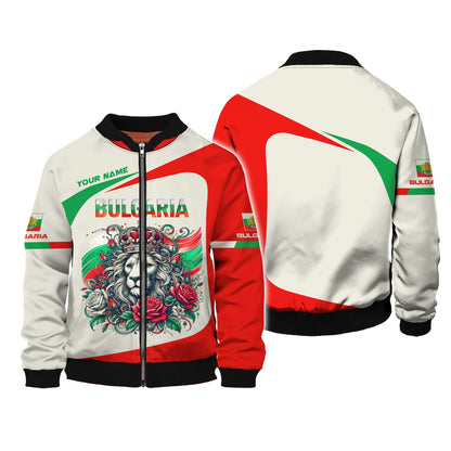 Sudadera con capucha y cremallera con nombre personalizado de Bulgaria, Rey León con rosa, camisetas en 3D, regalo para amantes de Bulgaria