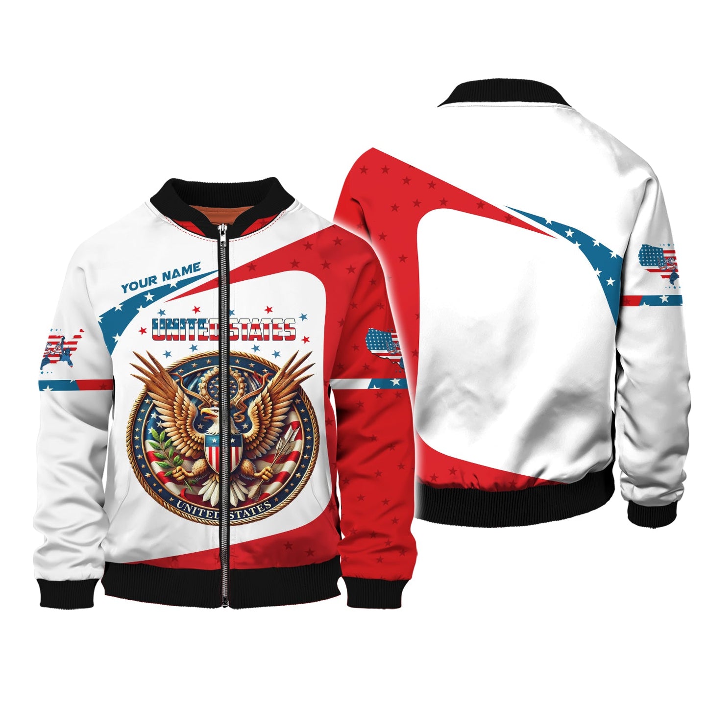 Sudadera con capucha y cremallera 3D con nombre personalizado y escudo de armas de Estados Unidos, regalo personalizado para amantes de los Estados Unidos