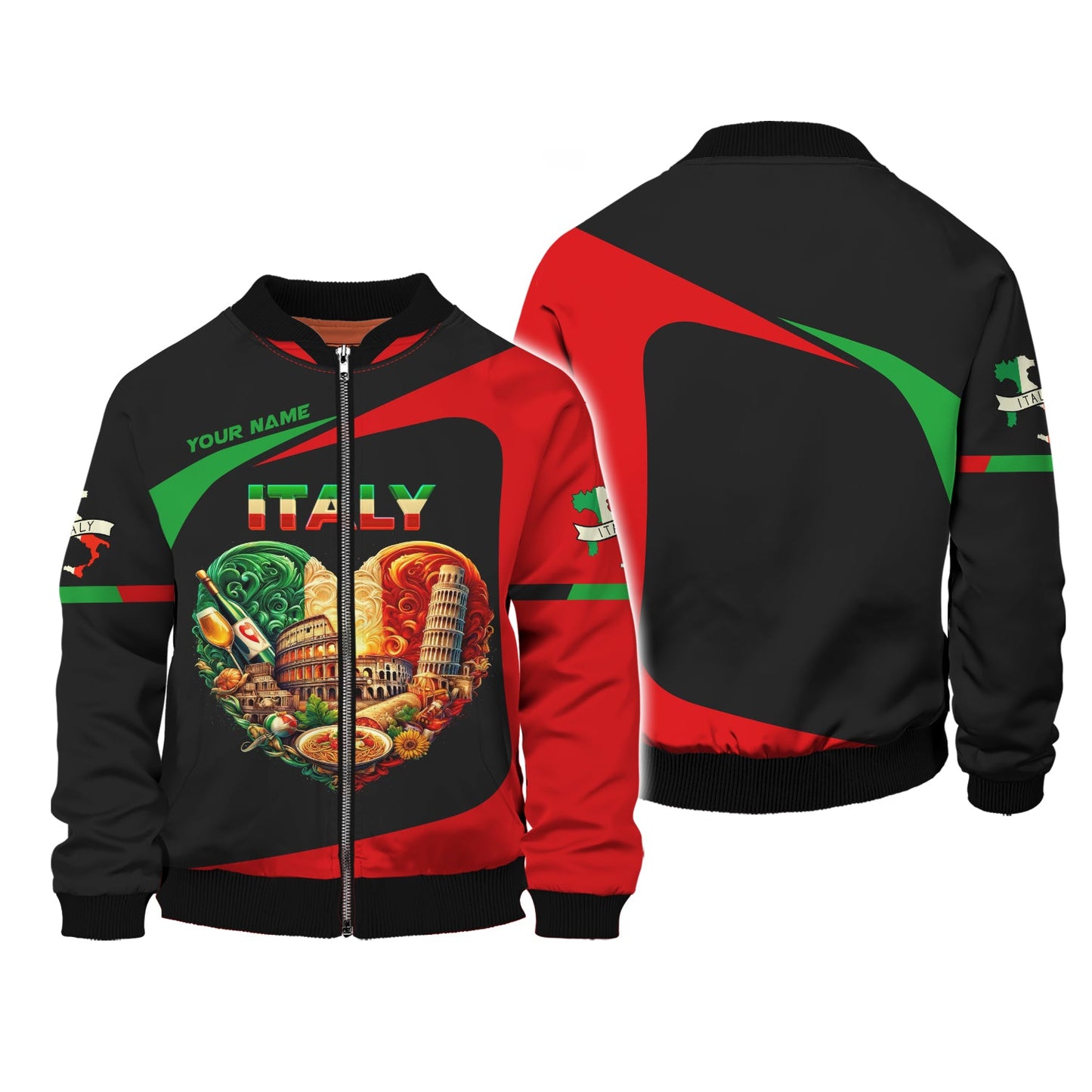 Sudadera con capucha y cremallera 3D con nombre personalizado y corazón de Italia, regalo personalizado para amantes de Italia