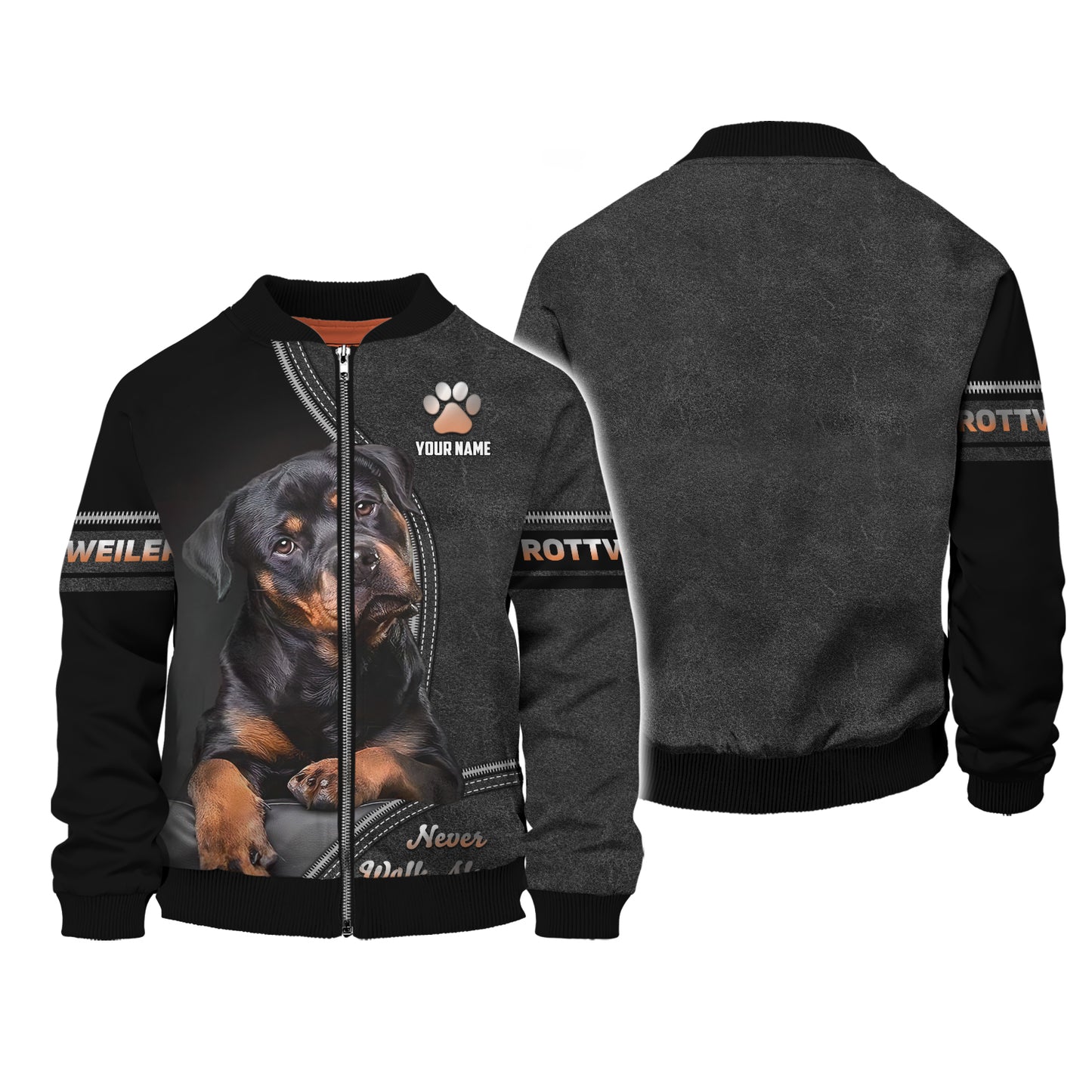 Rottweiler Custom Name Zipper Hoodie Never Walk Alone Gift For Dog Lover 3D Shirts