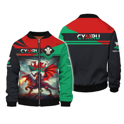 Sudadera con capucha personalizada con cremallera 3D y nombre de caballero con dragón de Gales, regalo personalizado para amantes de CYMRU