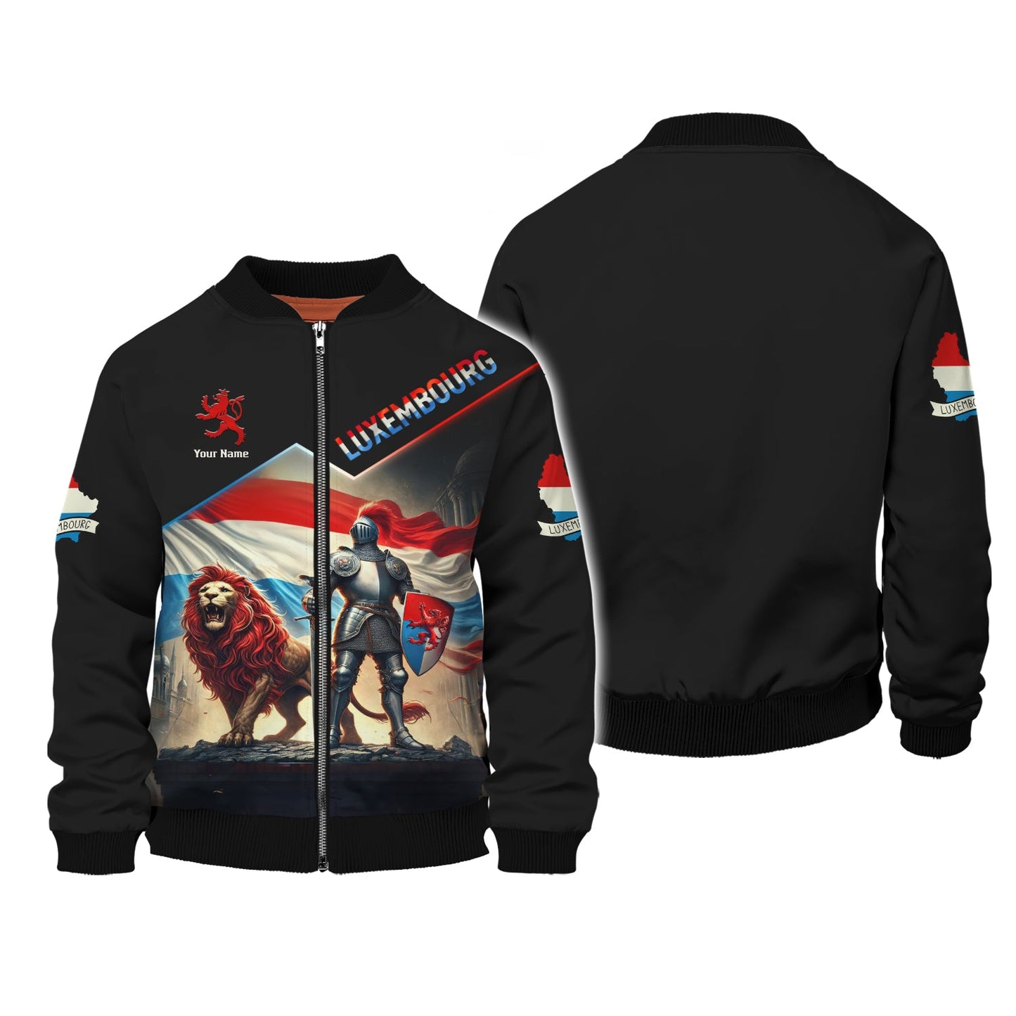 Sweat à capuche avec fermeture éclair 3D avec nom personnalisé du chevalier du Luxembourg avec lion, cadeau personnalisé pour les amoureux du Luxembourg