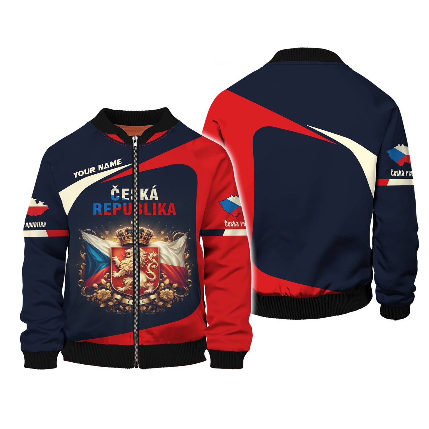 Sudadera con capucha y cremallera 3D con nombre personalizado de la República Checa y escudo de armas