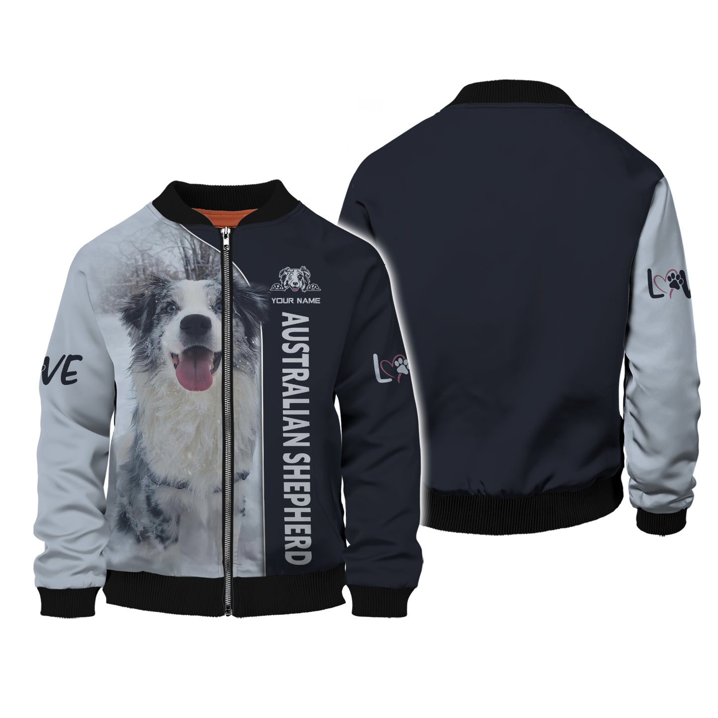 Sweat à capuche zippé 3D avec nom personnalisé de berger australien, cadeau pour les amoureux des chiens