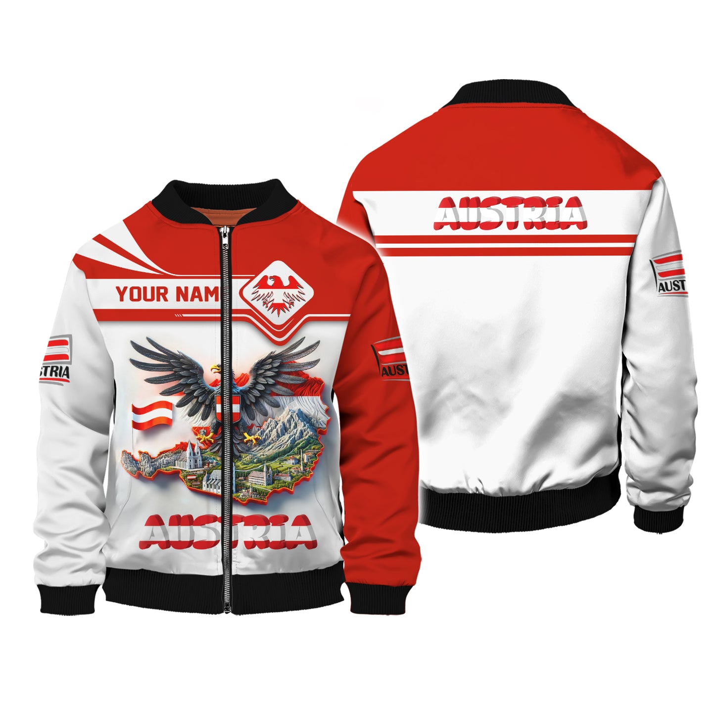 Sudadera con capucha y cremallera con estampado 3D de águila y mapa de Austria, regalo personalizado con nombre para amantes de Austria