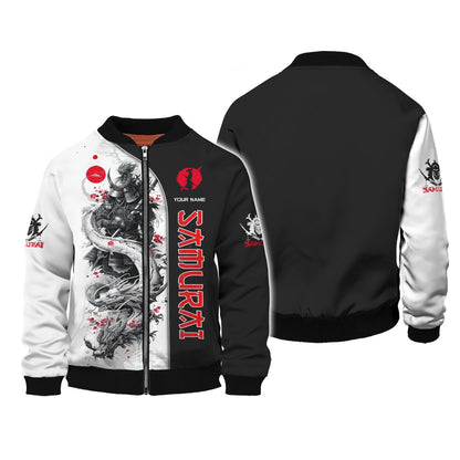 Samurai Custom Name Zipper Hoodie White Dragon With Samurai 3D Shirts