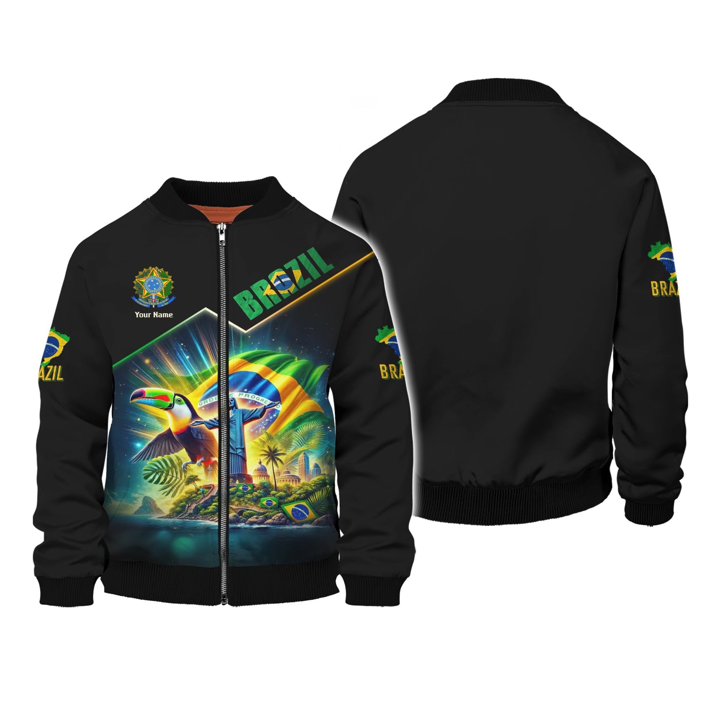 Sweat à capuche zippé Brazil Life avec nom personnalisé, impression 3D complète, cadeau pour les amoureux du Brésil