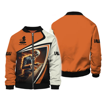 Sudadera con capucha y cremallera con estampado 3D de calavera de fuego y piano, regalo personalizado con nombre para amantes del piano