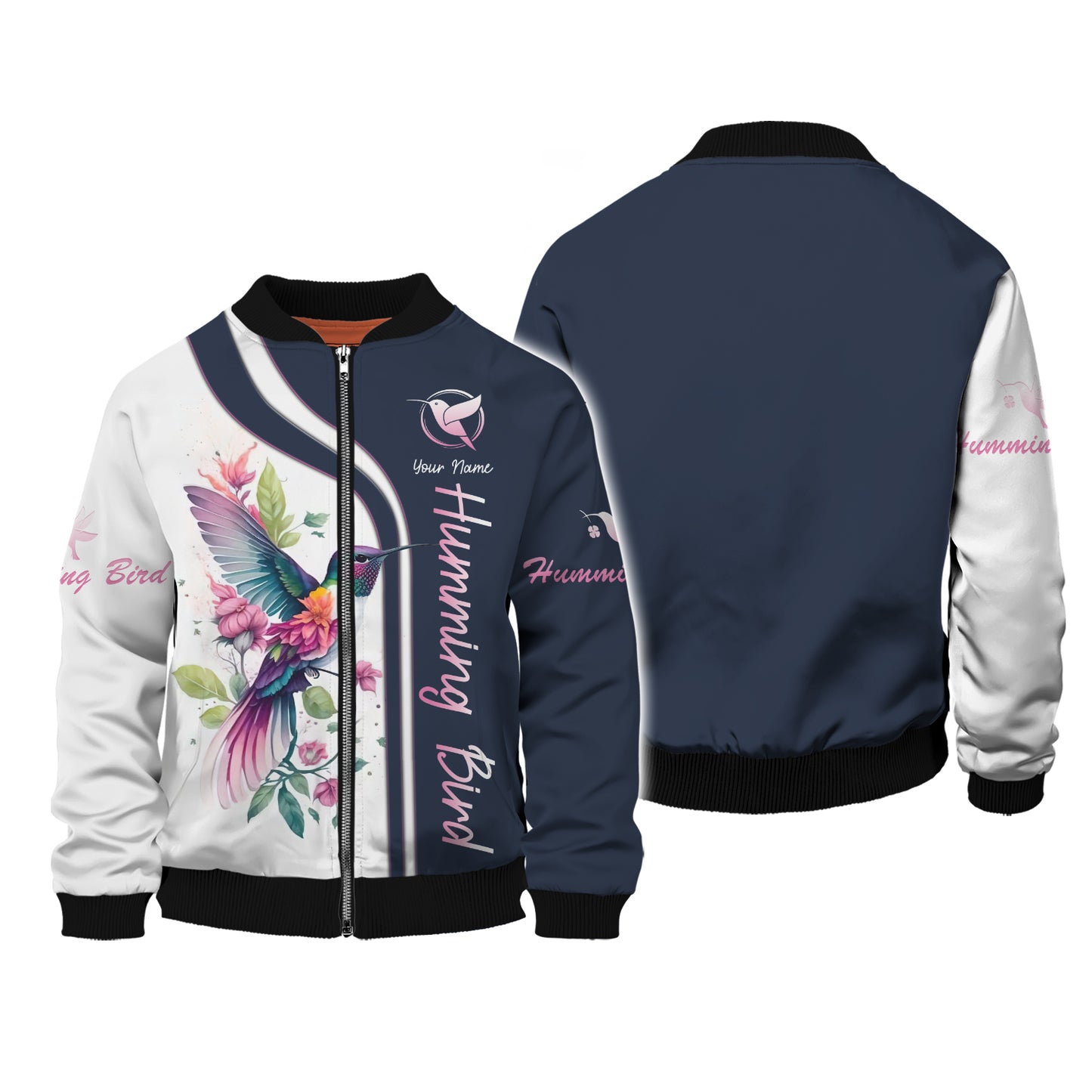 Sudadera con capucha y cremallera con estampado 3D completo de colibrí y flores, regalo personalizado con nombre para amantes de los colibríes