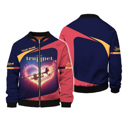 Sudadera con capucha y cremallera con estampado 3D completo de trompeta y corazón, regalo personalizado con nombre para amantes de la trompeta