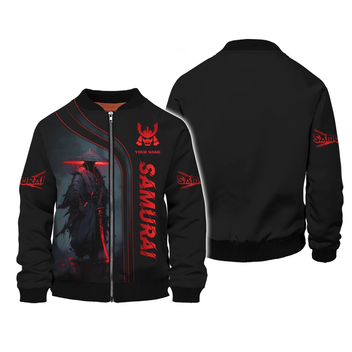 Sweat à capuche zippé 3D personnalisé avec nom de samouraï noir et rouge, cadeau personnalisé pour les amoureux des samouraïs