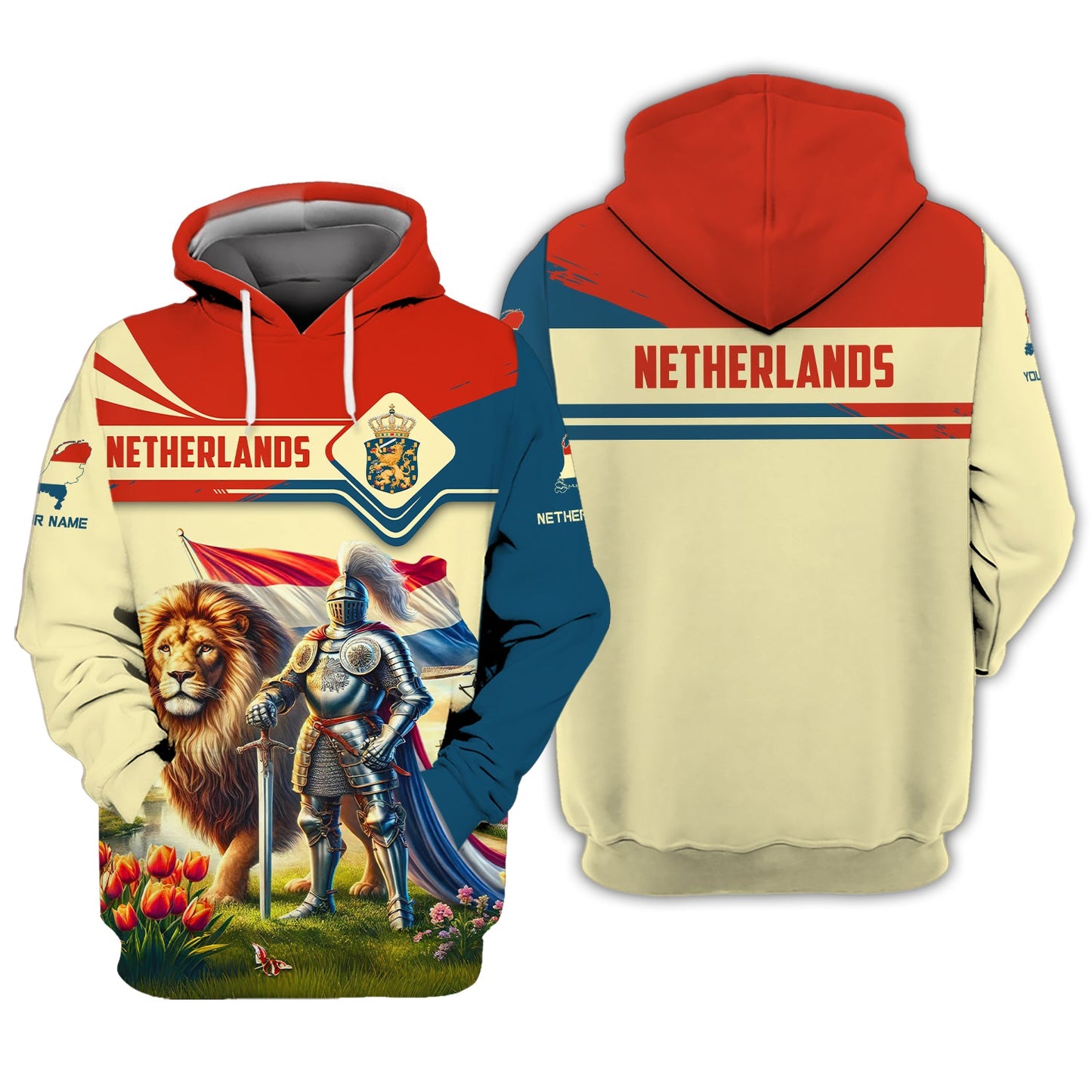 Sudadera con capucha y cremallera 3D con nombre personalizado de caballero holandés con león, regalo personalizado para amantes de los Países Bajos