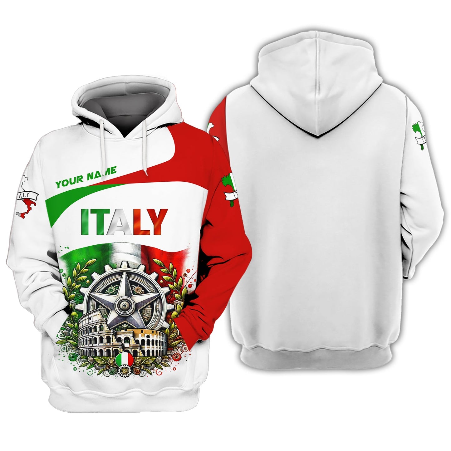 Sudadera con capucha y cremallera 3D con nombre personalizado y escudo de armas de Italia, regalo personalizado para amantes de Italia