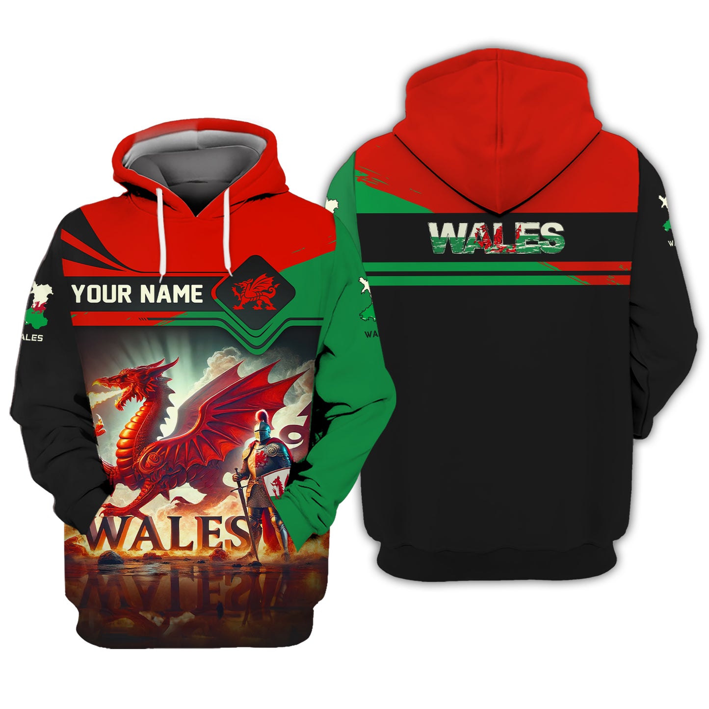 T-shirt 3D imprimé entièrement avec les guerriers et les dragons gallois. Nom personnalisé Gif pour les amoureux du Pays de Galles