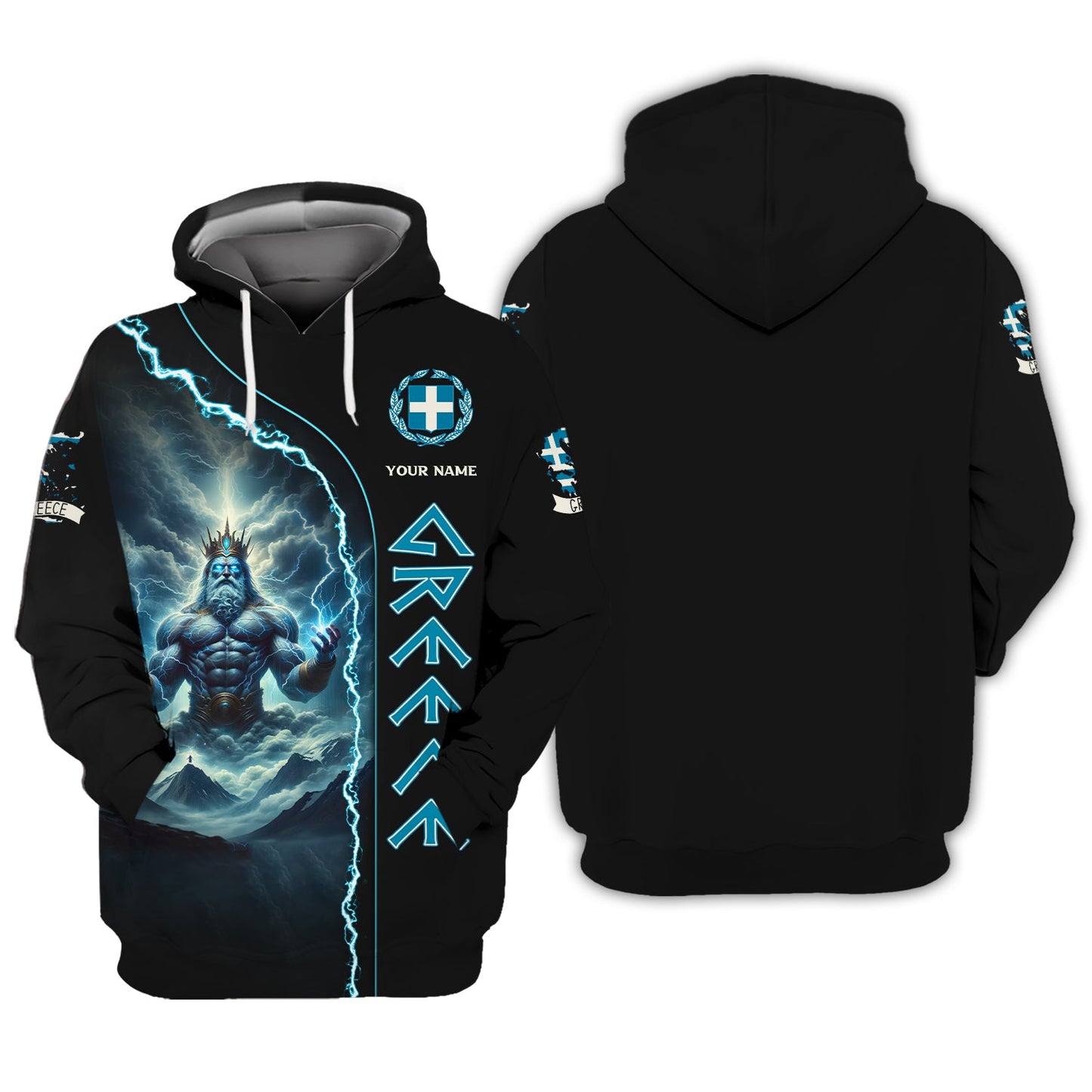 Sudadera con capucha y cremallera 3D con nombre personalizado de Zeus Grecia, regalo personalizado para los amantes de Grecia