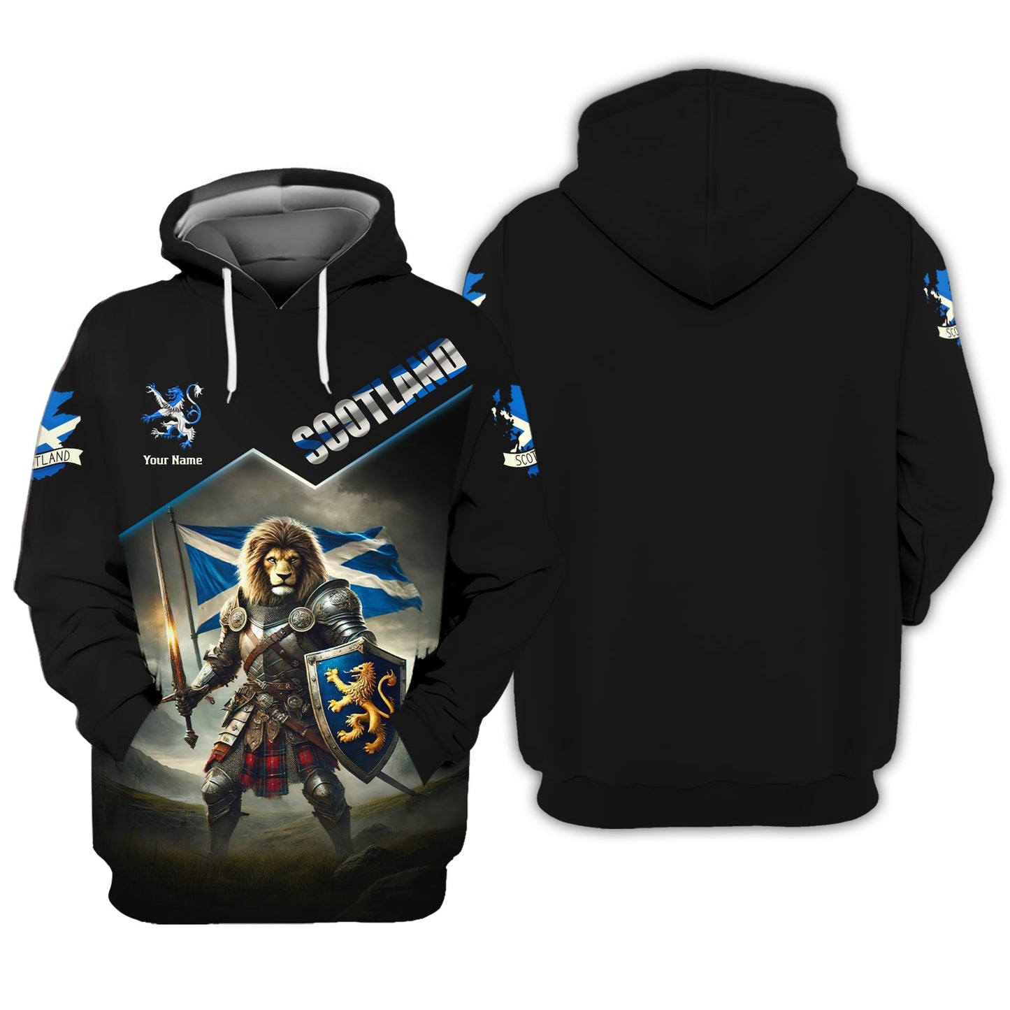 Sweat à capuche avec fermeture éclair 3D avec nom personnalisé Lion Knight, cadeau personnalisé pour les amoureux de l'Écosse