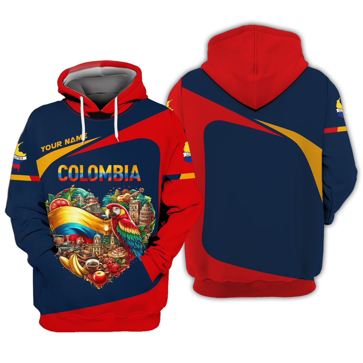 Sudadera con capucha y cremallera con corazón de Colombia, nombre personalizado, camiseta de Colombia, camiseta unisex de Colombia