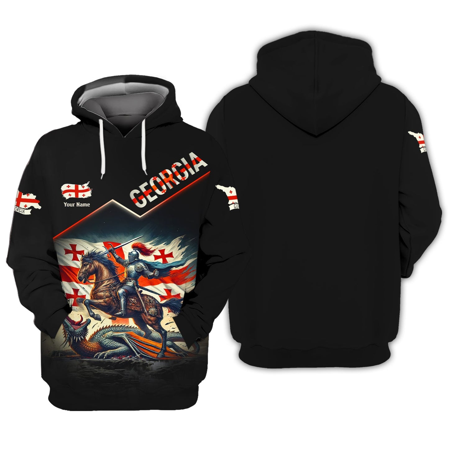 Sudadera con capucha personalizada con cremallera 3D y nombre de caballero con dragón de Georgia, regalo personalizado para los amantes de Gruzia