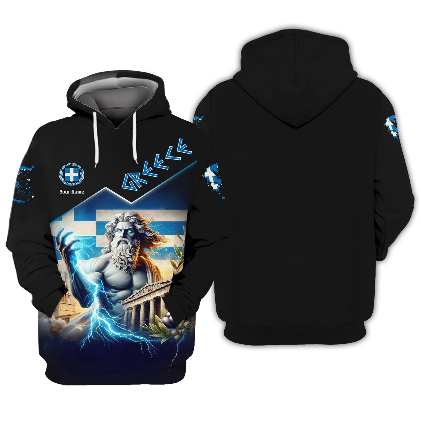 Sudadera con capucha y cremallera con estampado 3D completo de Zeus, Grecia, regalo con nombre personalizado para amantes griegos