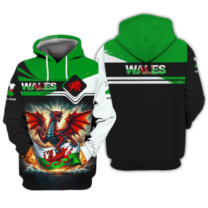 Red Dragon With Wales Flag Custom T-Shirt Personalized Name 3D Zipper Hoodie Gift For Wales Lovers