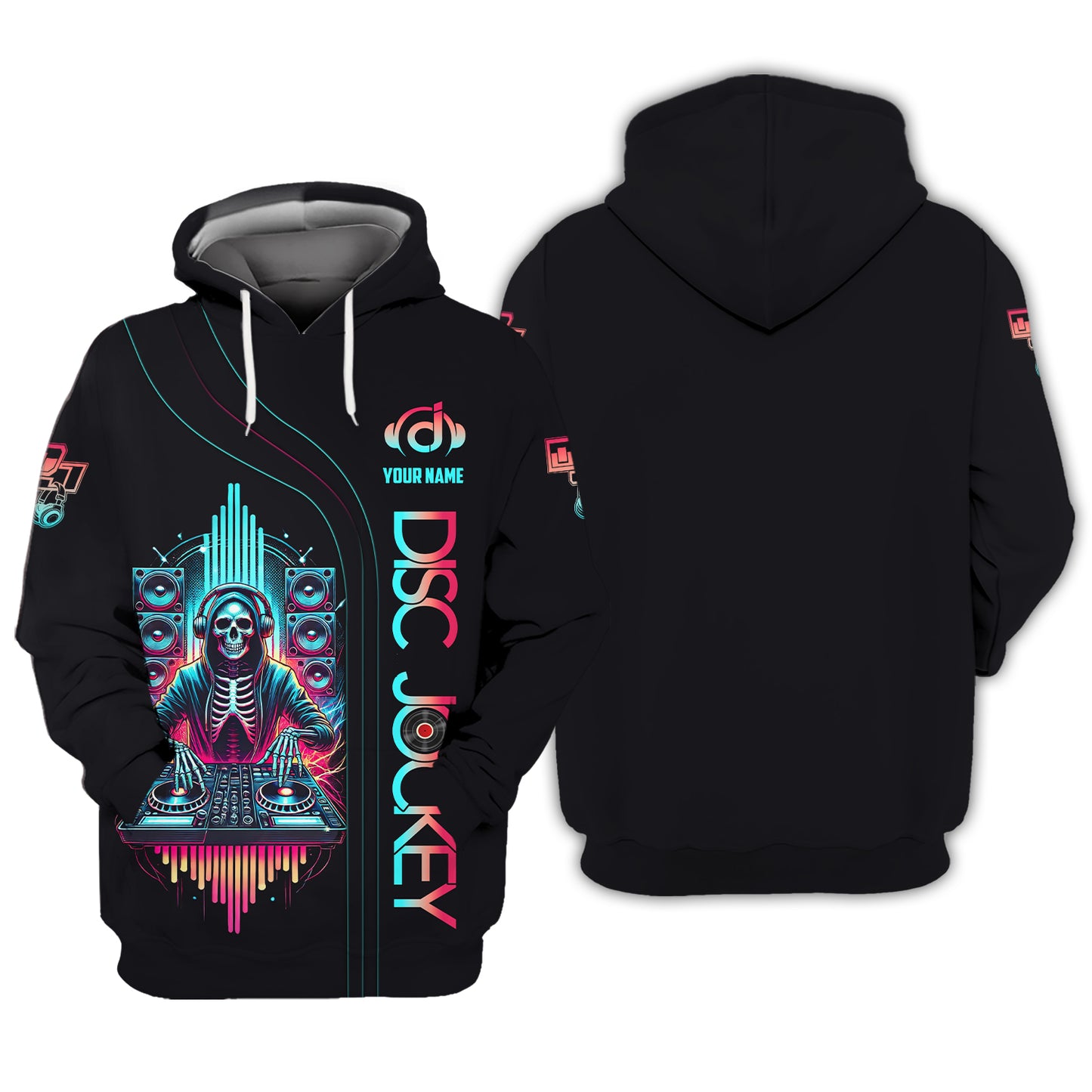 Sudadera con capucha y cremallera con esqueleto de DJ con impresión 3D completa, regalo con nombre personalizado para amantes de los disc jockeys