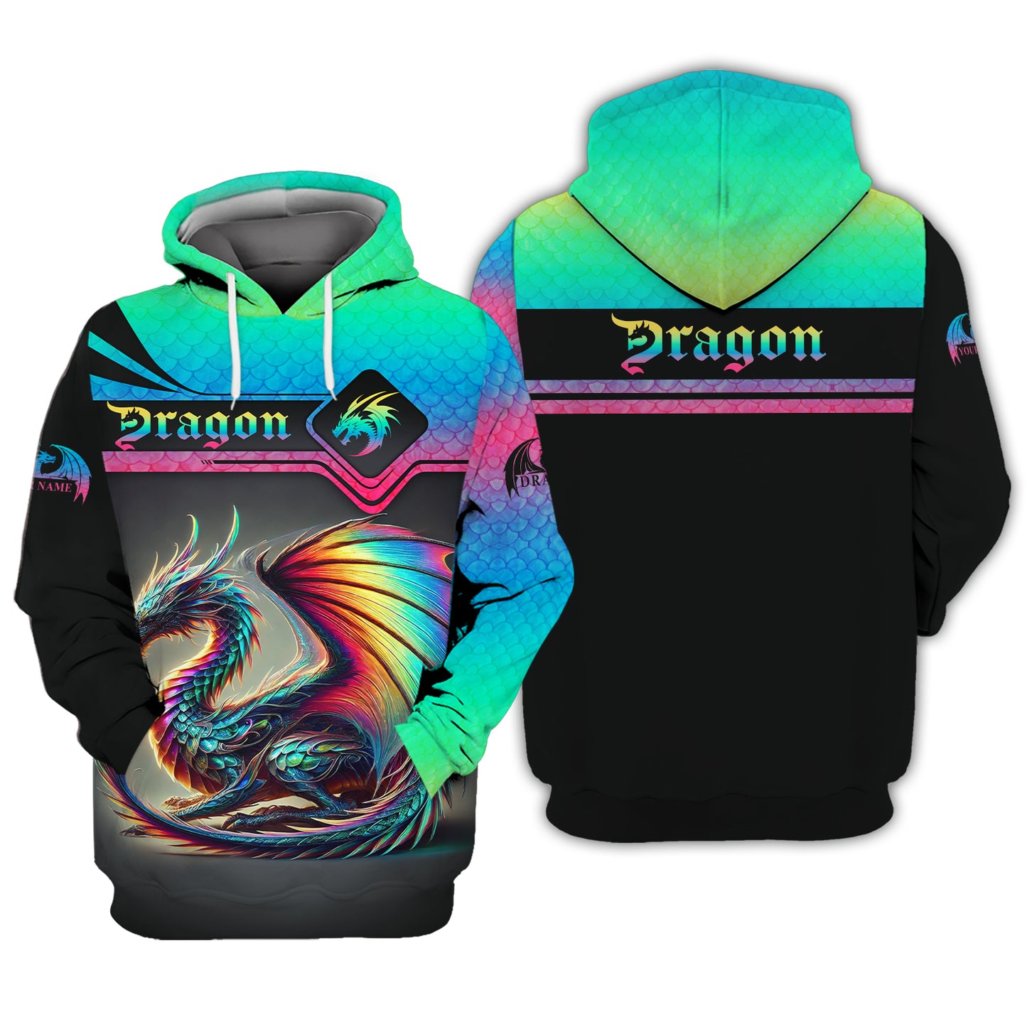 Sweat à capuche zippé au néon avec impression complète en 3D, cadeau personnalisé avec nom pour les amoureux des dragons