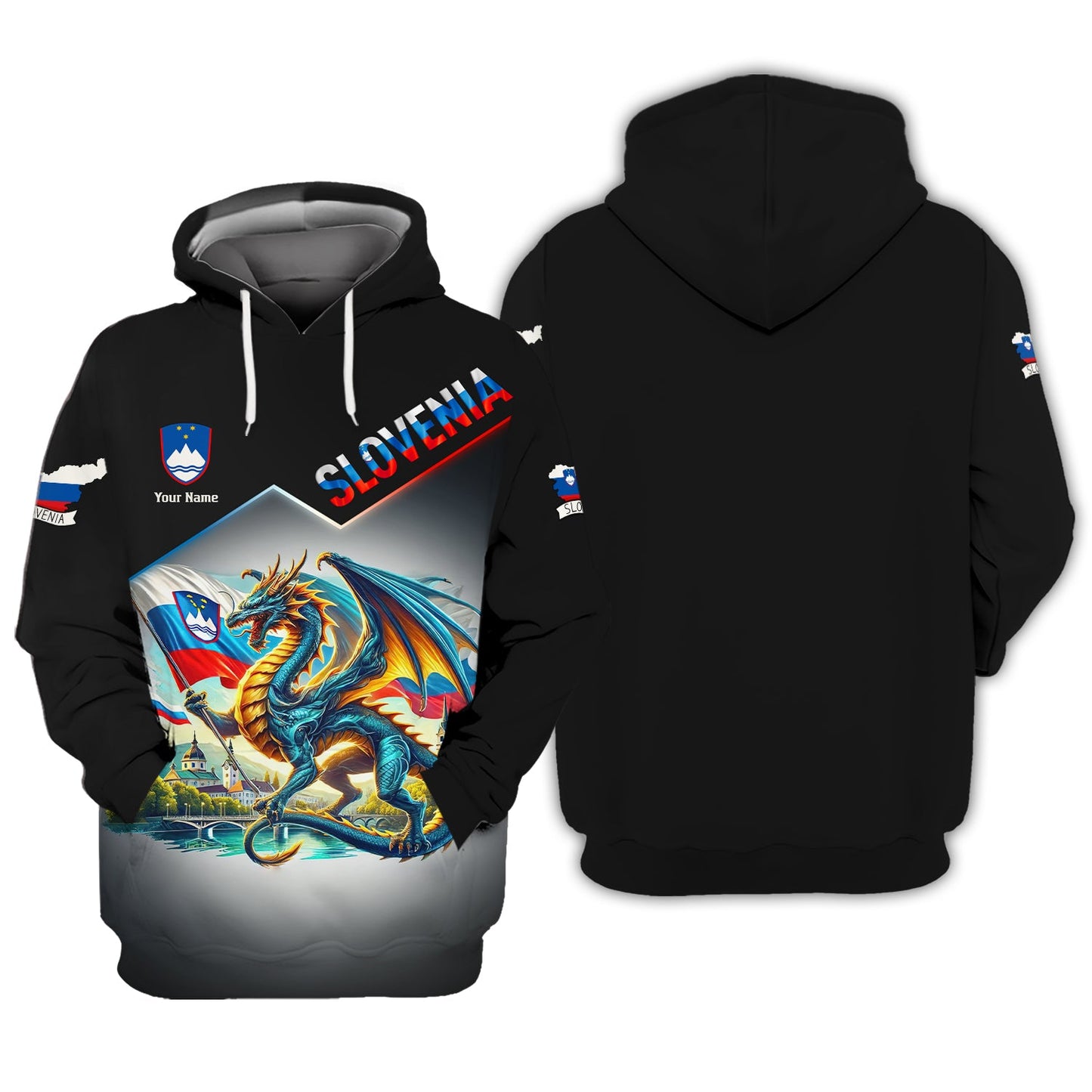 Sudadera con capucha y cremallera con estampado 3D de dragón de Eslovenia, regalo personalizado con nombre para amantes de Eslovenia