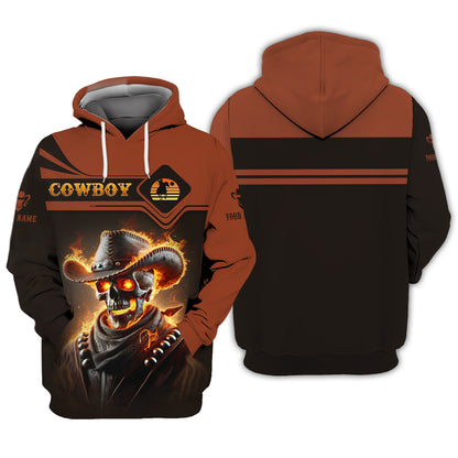 3D Full Print Cowboy Skeleton With Fire T-Shirts Personalized Name Gift For Cowboy Lovers