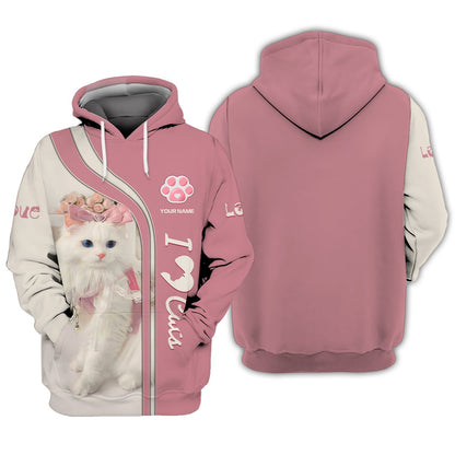 Sudadera con capucha y cremallera con estampado 3D completo de gato lindo, regalo con nombre personalizado para amantes de los gatos