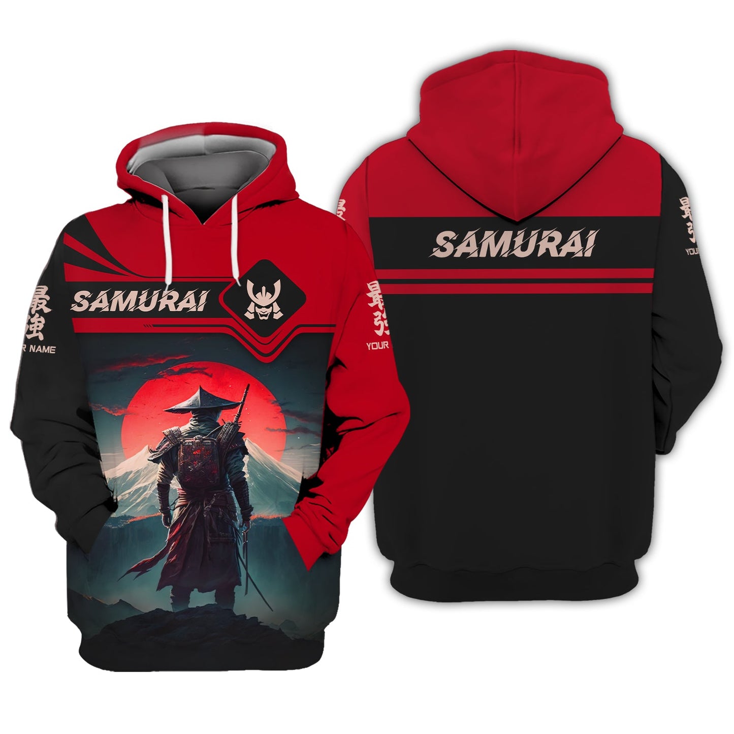 Zipper Hoodie Red Moon Samurai Personalized Name 3D Full Print Shirt