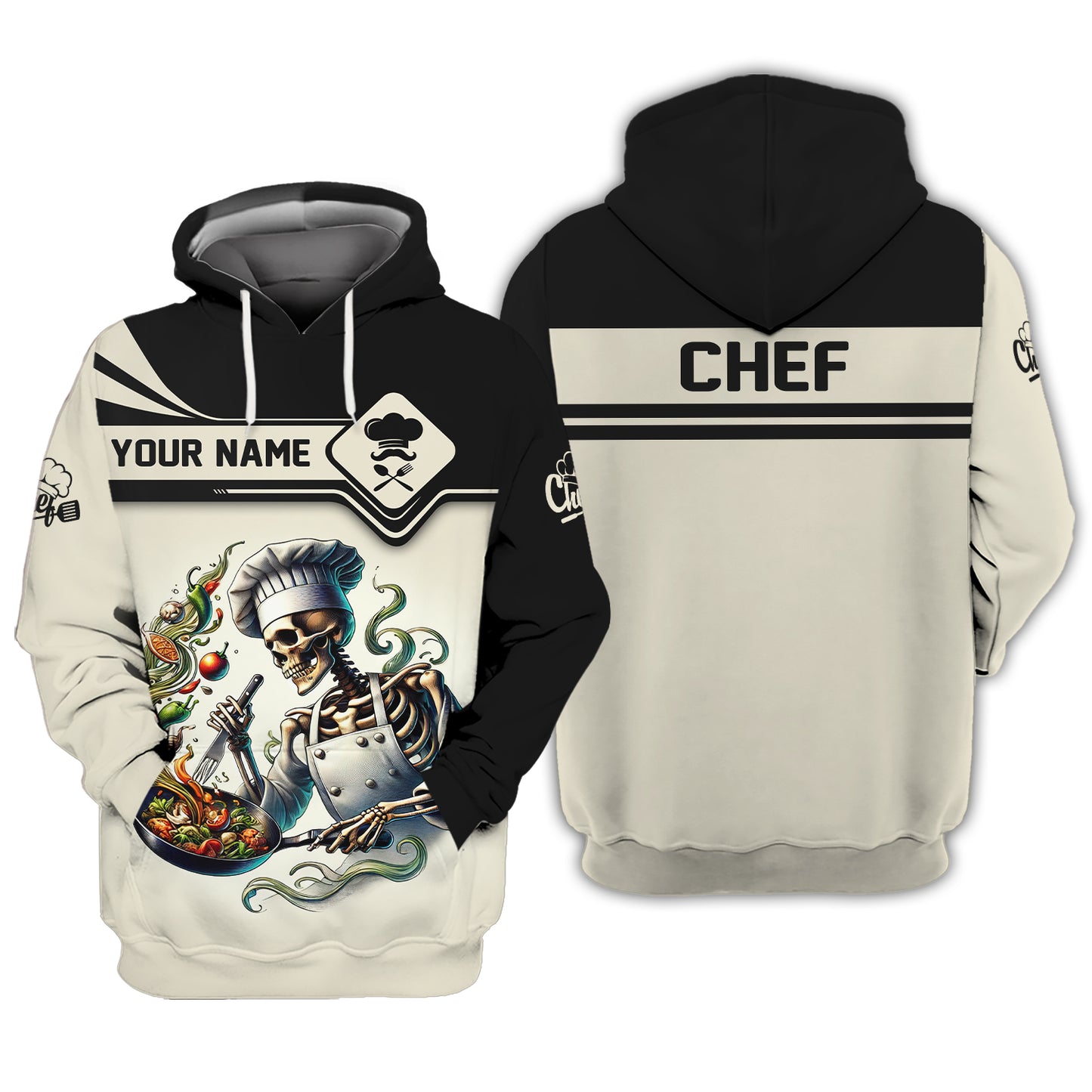 Camisa de chef con esqueleto de impresión 3D y sartén con comida, regalo personalizado con nombre para amantes de los chefs