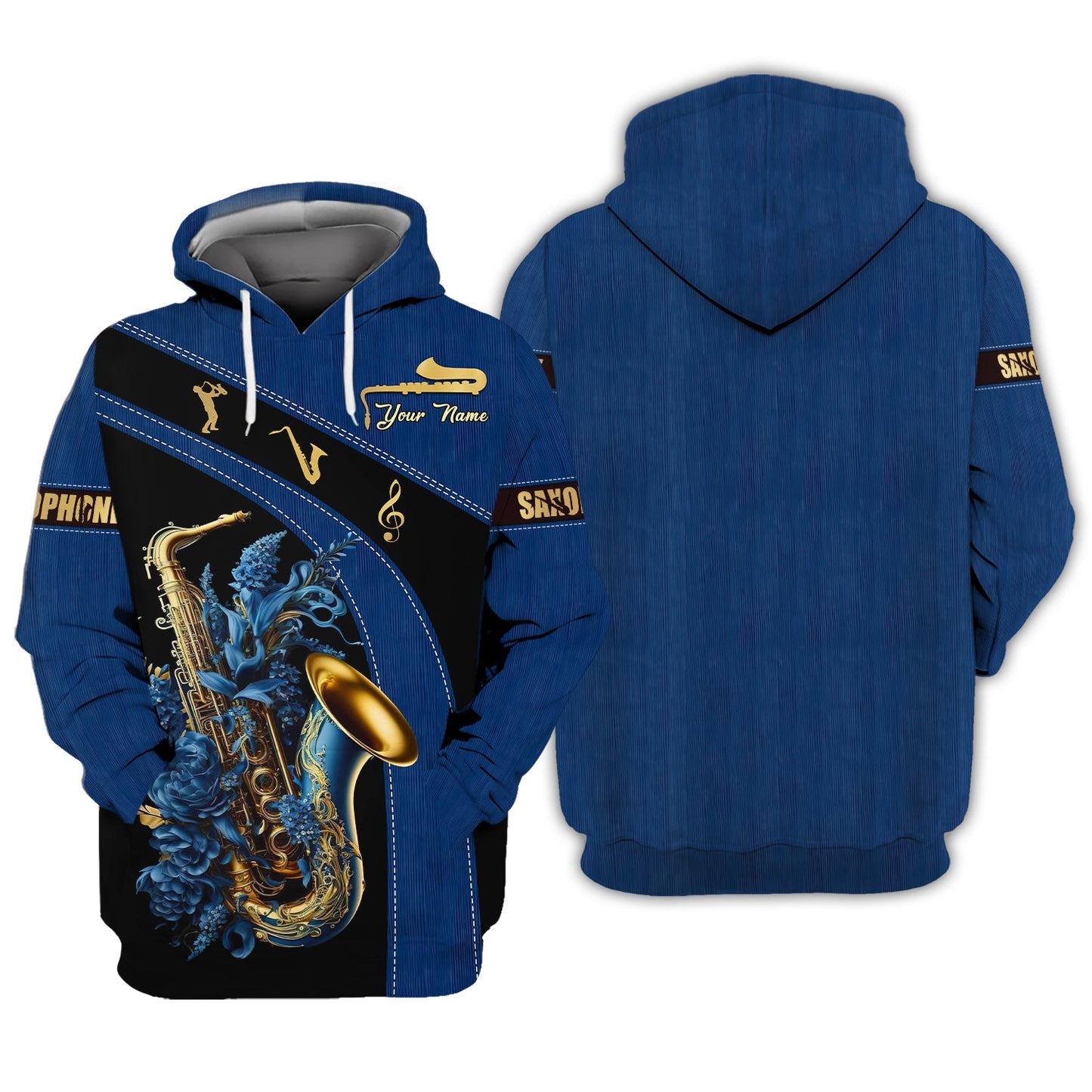 Sweat à capuche zippé 3D avec nom personnalisé pour saxophone Cadeau personnalisé avec nom pour les amateurs de saxophone