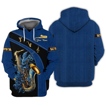 Sudadera con capucha y cremallera 3D con nombre personalizado de saxofón Regalo con nombre personalizado para amantes del saxofón