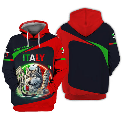 Italy Custom T-Shirts The Wolf And Famous Symbols of Italy 3D Zipper Hoodie Gift For Italian Lover