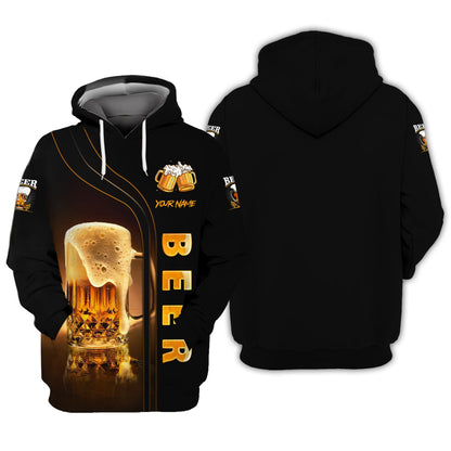 Sudadera con capucha y cremallera con nombre personalizado en 3D Love Beer, regalo personalizado para amantes de la cerveza