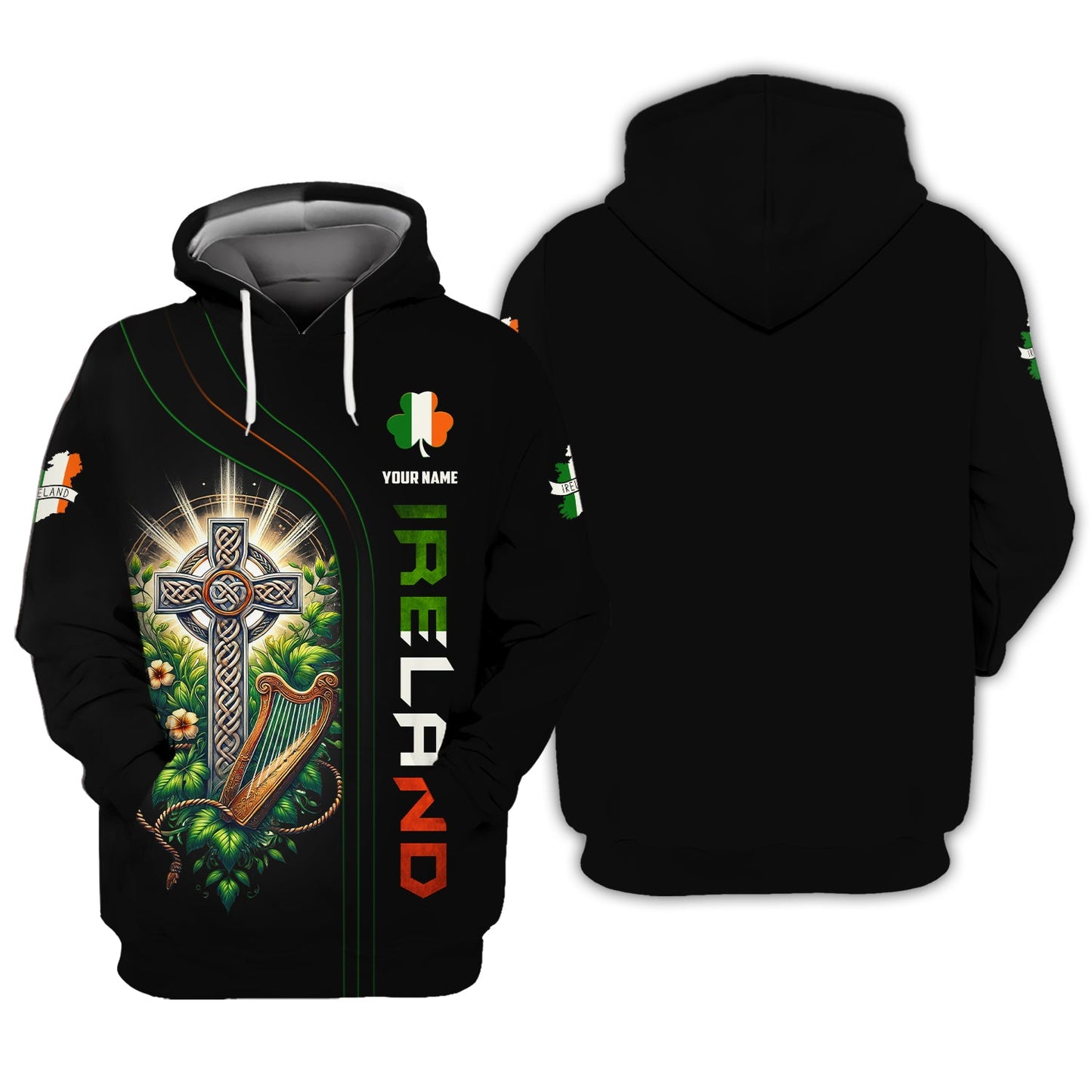 T-shirts personnalisés avec croix celtique Irlande Sweat à capuche zippé 3D Cadeau pour amoureux irlandais