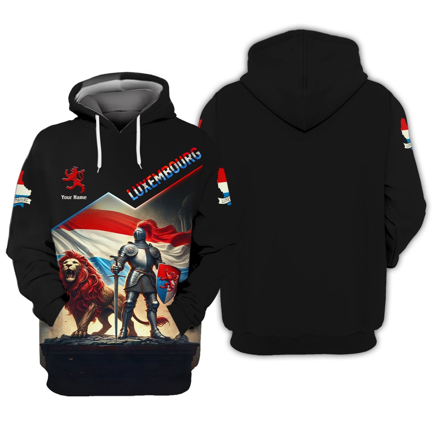 Sudadera con capucha personalizada con cremallera 3D y nombre de caballero de Luxemburgo con león, regalo personalizado para amantes de Luxemburgo