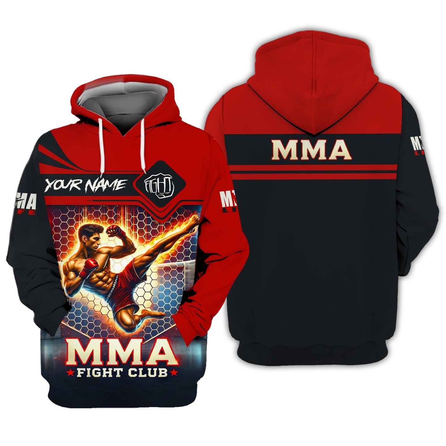 Sweat à capuche zippé MMA entièrement imprimé en 3D, cadeau personnalisé avec nom pour les amateurs de MMA