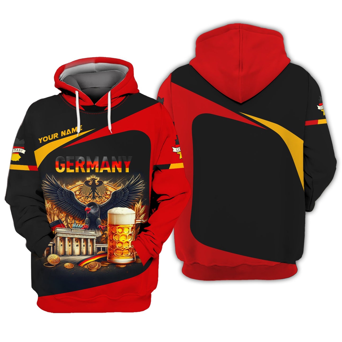 Sudadera con capucha y cremallera con nombre personalizado de águila con cerveza de Alemania, regalo personalizado para los amantes de Alemania