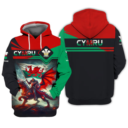 Chevalier avec dragon Pays de Galles Nom personnalisé T-shirt 3D Cadeau personnalisé pour les amoureux de CYMRU