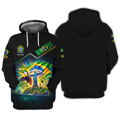 Sweat à capuche zippé Brazil Life avec nom personnalisé, impression 3D complète, cadeau pour les amoureux du Brésil