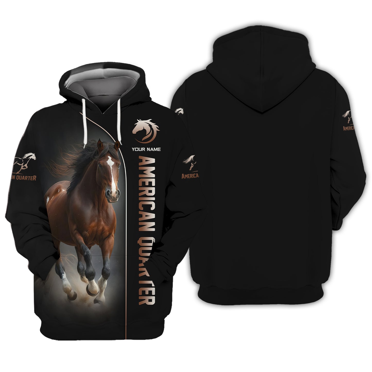 Sudadera con capucha y cremallera con estampado completo en 3D de American Quarter, regalo personalizado con nombre para amantes de los caballos