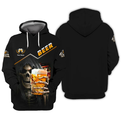 Sudadera con capucha y cremallera 3D con nombre personalizado y taza de calavera de cerveza, regalo para amantes de la cerveza