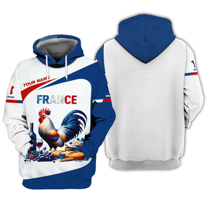 Sweat à capuche zippé 3D avec nom personnalisé Coq France Cadeau personnalisé pour les amoureux de la France