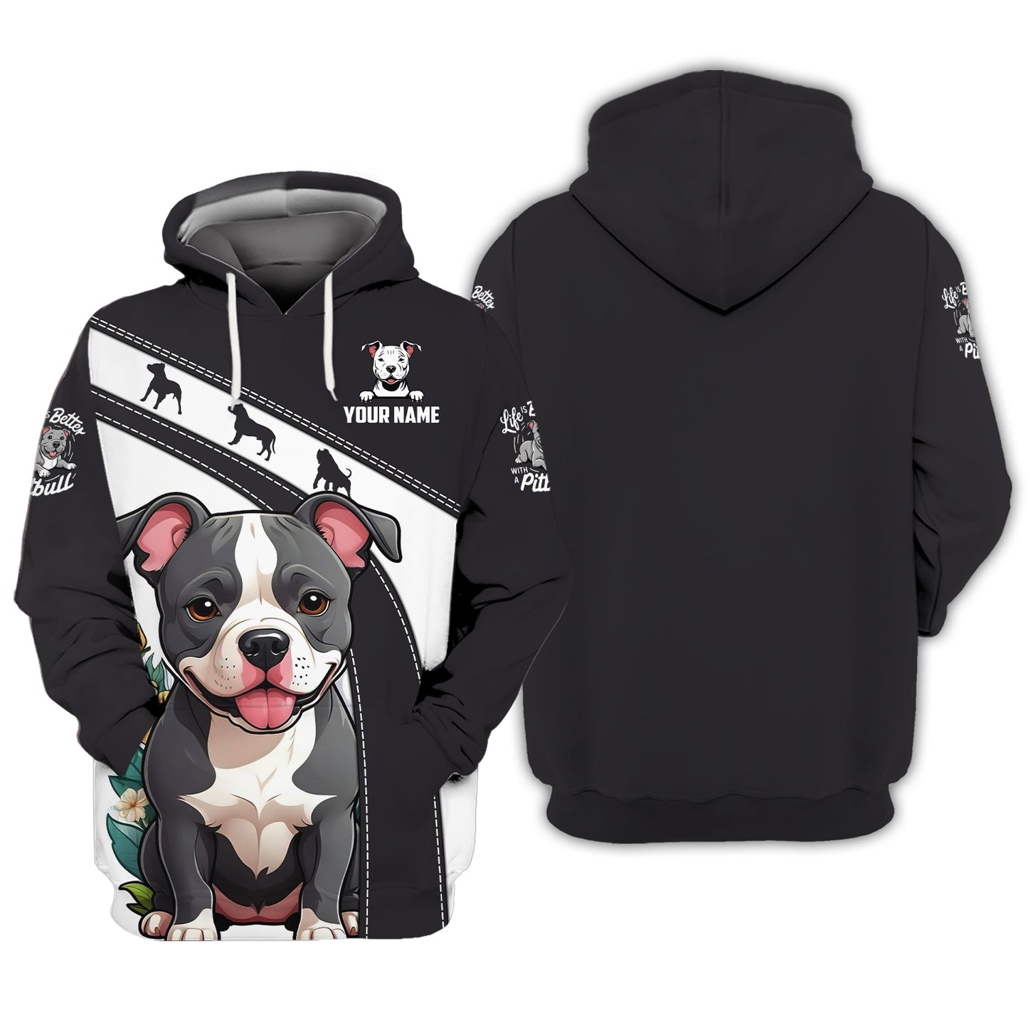 Sweat à capuche zippé 3D imprimé entièrement pour bébé, mignon Pitbull, cadeau personnalisé avec nom pour les amoureux des chiens