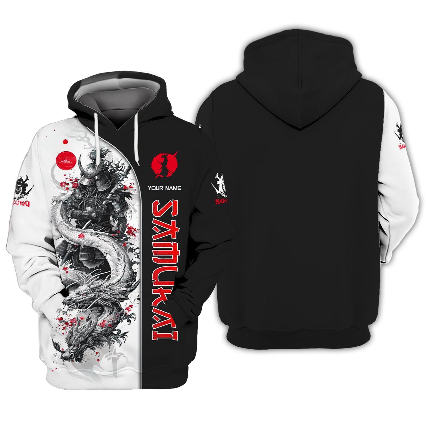 Sudadera con capucha y cremallera con nombre personalizado de samurái, dragón blanco y camisetas 3D de samurái