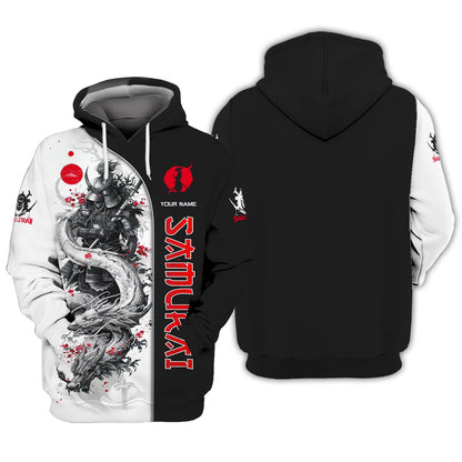 Sudadera con capucha y cremallera con nombre personalizado de samurái, dragón blanco y camisetas 3D de samurái