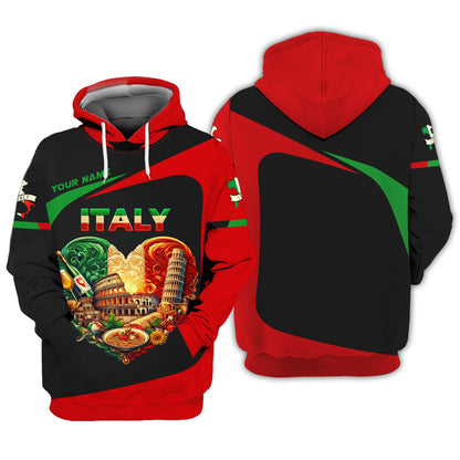 Sudadera con capucha y cremallera 3D con nombre personalizado y corazón de Italia, regalo personalizado para amantes de Italia