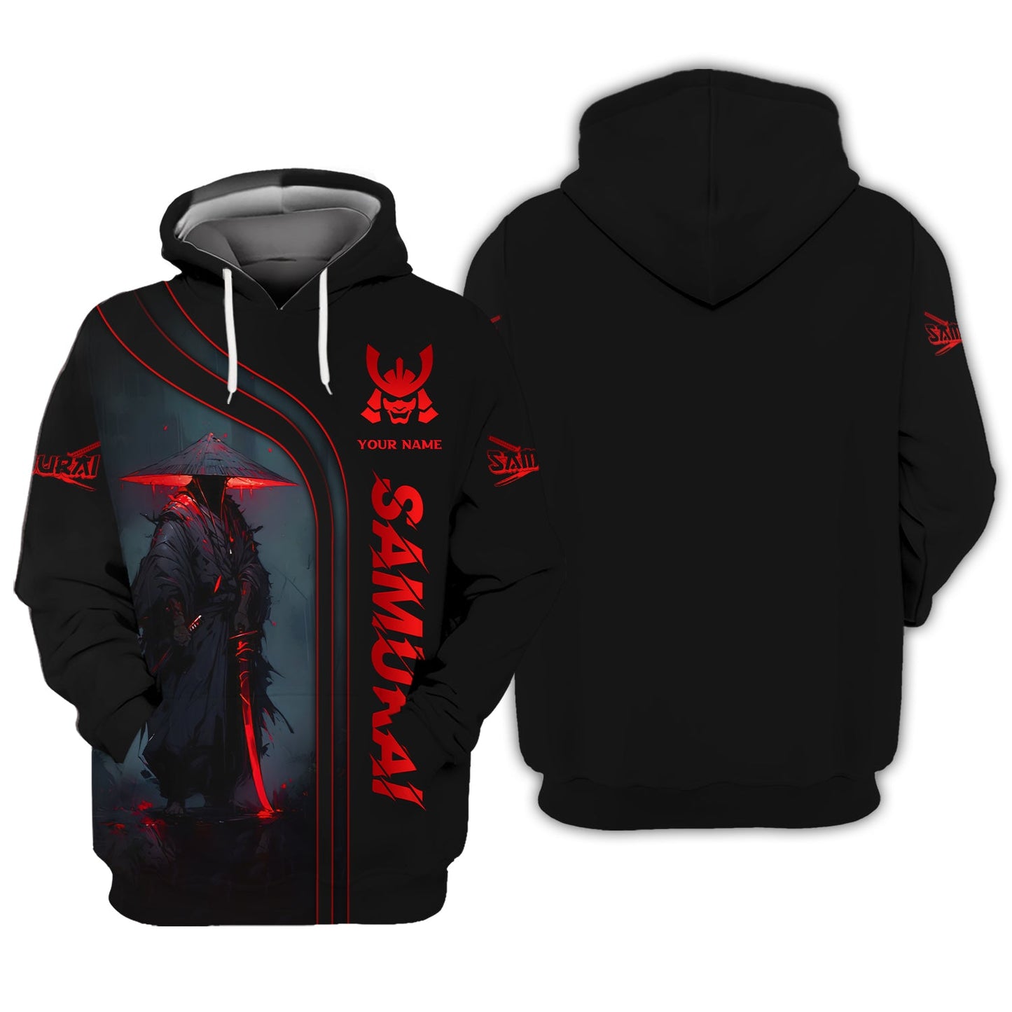 Black & Red Light Samurai Personalized Name 3D Zipper Hoodie Custom Gift For Samurai Lovers