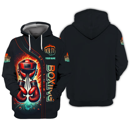 Sudadera con capucha y cremallera con guantes de boxeo rojos y casco con impresión 3D completa, regalo con nombre personalizado para amantes de los boxeadores